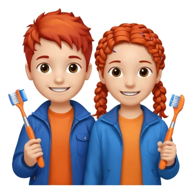 Two children smiling with toothbrushes in their hands. On the left is a girl with braided red hair, wearing a blue jacket and an orange shirt. On the right is a boy with curly black hair, wearing an orange shirt. Both are holding blue toothbrushes and look happy and healthy. sticker
