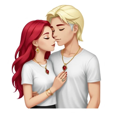 young 20 year old couple kissing, girl with long cherry red hair and dark blonde eyebrows wearing gold necklace with letter A, diamond gold ring, red bracelet and light clothes, boy with bright white hair wearing dark t-shirt and silver ring with black stone sticker