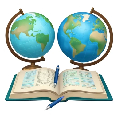 Create an emoji representing language translation. The design should feature a single globe in the background, symbolizing international communication. In front of the globe, place two opened books, with texts in it and a pen nearby to indicate the act of writing and vocabulary. Use a clean and professional color palette with blues, greens, and neutral tones. Do not include any emojis or smiley faces. Make the background transparent sticker