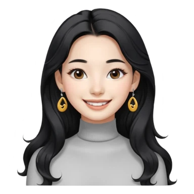 Korean 24-year-old female online shopping mall seller / white face / earrings / smiling expression / long wavy hair / influencer vibe / fashionable / black hair / silver earrings / skinny white turtleneck sticker