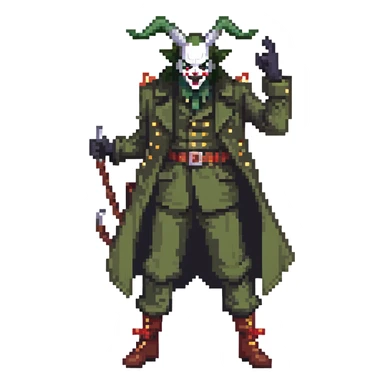 evil clown soldier, bald, black horns on forehead, fangs, pointed ears, eye patch over one eye, long coat over black and military green clothes with bellbottom pants, tail, holding a different style of whip, realistically proportioned, less bulky, full body, fighting stance sticker
