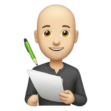 middleage bald male white with very small beard holding checklist with a pen sticker
