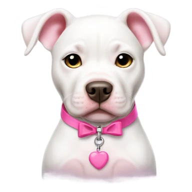 white pitbull puppy with a pink collar and a pink bow sticker