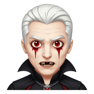 Creat a young man Vampire with white skin and white hair "make him have slide back hair" and full black vampire clothes and bloody eyes and long fangs and scary dead eyes sticker