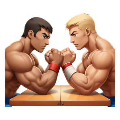 Two athletes engaged in an intense arm wrestling match, their muscles straining as they battle for dominance. The scene captures the powerful clash of strength, with close-ups on the hands locked in a firm grip, sweat glistening under bright lights. The background features a wrestling table. sticker