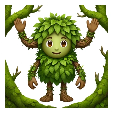 Fabulous forest creature as an emoji: body covered with green leaves and moss; branches instead of hair; arms with woody textures; powerful legs. No background sticker