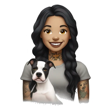 light skin woman with a face tattoo of a cross and long wavy black hair expressing joy alongide a white miniature pitbull  sticker
