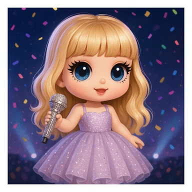 Pretty and girly Blonde pop star with bangs wearing a sparkly tulle light purple ballgown, holding a bedazzled microphone, reimagined as a cute doll, with a nighttime concert backdrop with colorful confetti sticker