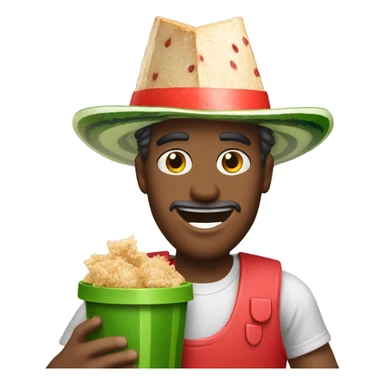 Create a guy holding kfc with a watermelon hat sticker