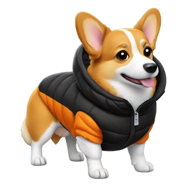 corgi wearing a black puffer jacket with a small orange square with white letters "YC" logo on the left chest sticker