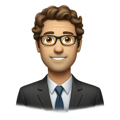 business man with wavy brown hair, square glasses, no facial hair, thin lip sticker