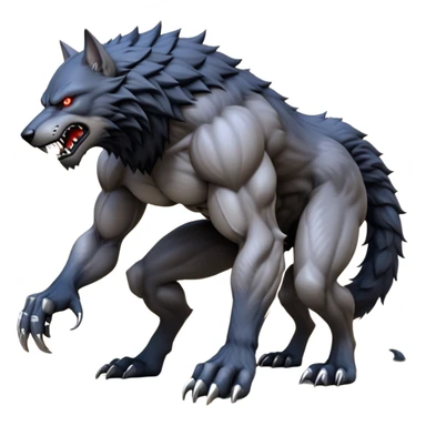 cinematic-noble-fierce-werewolf-full body on all fours-emoji, poised-and-imposing, with a tall, lean, and muscular wolfish frame inspired by the brutal, imposing shape of the beast from Berserk, fur rippling in shades of midnight black and silver, massive paws with razor-sharp claws, elongated limbs and fangs, eyes glowing with an intense, primal ferocity, reflecting the untamed power of the wild moonlit night; rendered with realism like a wolf hunched over battle ready pose ready to attack sticker