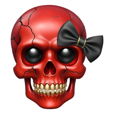 make me a red crystal skull partly see thew super gem like make it realistic and held together by a big black bow super realistic skull cracking all over the eyes are black gems with a hint of gold in the center sticker