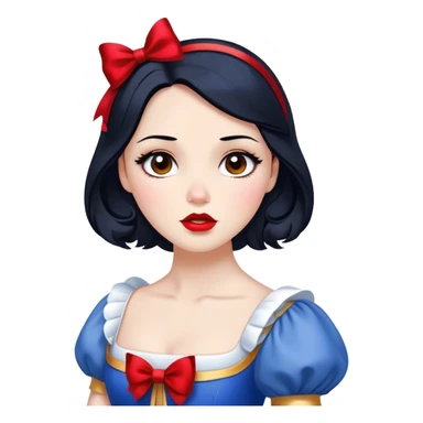 Cinematic Elegant Snow White Portrait Emoji, rendered in a realistic, vector-style with minimal shading and bold, simplified shapes. Depict Snow White (chest and above) with flawless porcelain skin, expressive deep brown eyes, and lustrous raven hair neatly styled with a red bow, wearing her classic blue and gold dress. The image glows with a soft, pure radiance and high shine, capturing timeless beauty and gentle grace. sticker