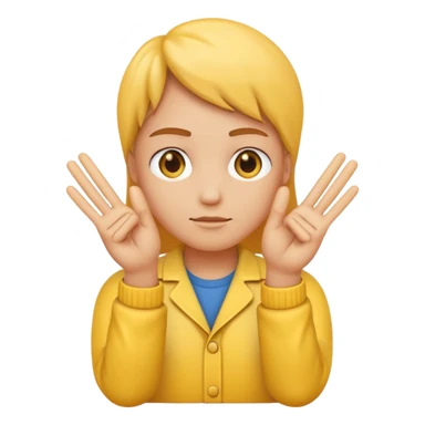 An standard yellow-color emoji that looks very serious and has his hands clasped while making a peace sign infront to portray a meaning of deep thinking or serious consideration. sticker