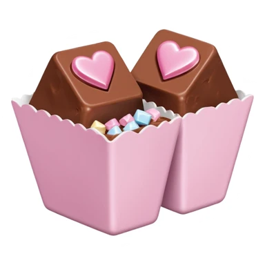 Two square milk chocolate pralines , sharp-edged glossy cubes placed diagonally side by side, each sitting in a small white fluted paper candy cup.
Flat thin pastel pink heart icing centered on top with fine sugar crystal sparkle, clean studio product lighting,  sticker