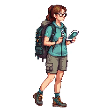Very happy excited woman in her 40s with glasses wearing sporty outfit, hiking boots, and backpack, holding a magnifying glass sticker