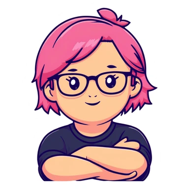 Pink-haired girl with glasses crossing her arms with a slight smirk sticker