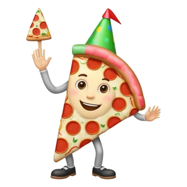 Pizza slice smiling with part hat on and waving while walking sticker