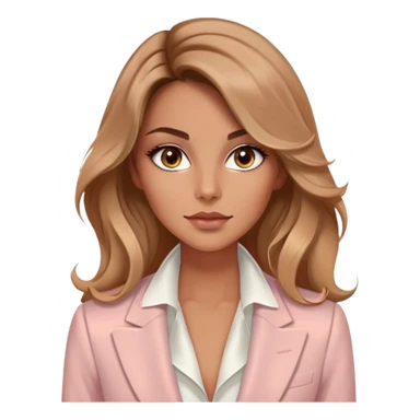 A 30-year-old woman with tanned skin, light brown long wavy hair, delicate face, almond-shaped eyes with smoky foxy eye makeup, brown eyes, wearing a light pink blazer and white satin cowl neck blouse with thin straps sticker