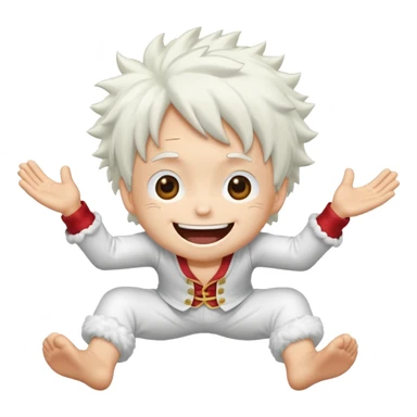 a joyful cartoon-style emoji of Luffy as a laughing character with wild, fluffy white hair, and a glowing white outfit. The character should have a big open smile, one hand on its face in laughter , and be in a dynamic mid-air pose with bent legs, as if carefree and floating. sticker