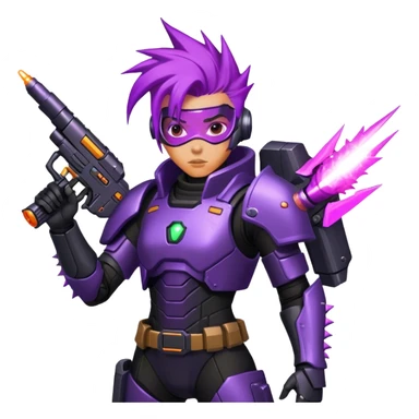 A space bounty hunter with spiky purple hair, black armored suit, and a glowing plasma gun. sticker