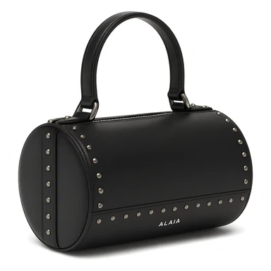 Alaïa Teckel bag, luxury designer handbag, cylindrical shape, signature studded details, elegant leather, minimalist, high fashion, on white background sticker