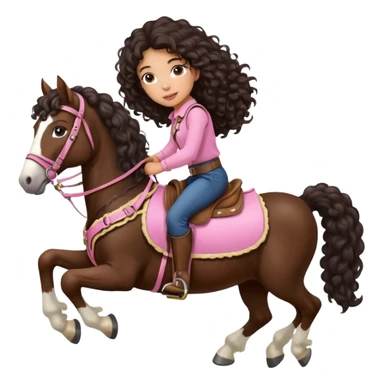 Realistic mixed race girl with long dark brown curly hair, riding a big shire horse, wearing pink harness and saddle  sticker