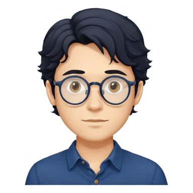 Torso view of young man with longer wavy black hair, round glasses, dark blue casual buttoned shirt sticker