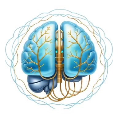 Pearlescent and light blue floating capsule suspended in front of an ethereal brain illuminated by golden electrical pulses branching into a neural network pattern, awakening lucidity. A soft light also surrounds a small liver symbol, all rotating in an aura of focus and internal connection sticker