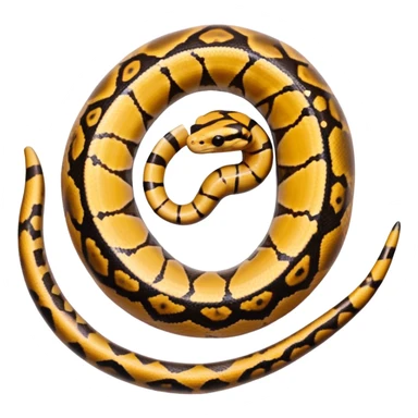 A photo-realistic top-down view of a Ball Python gently coiled into a tight spiral, with its head resting peacefully at the center. Its scales are warm brown with bold, irregular black markings, including the distinctive “alien-head” pattern, flowing smoothly along its body.  sticker
