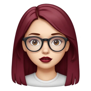 white-skinned girl with long brown hair with maroon highlights under hair, brown glasses, brown lipstick sticker