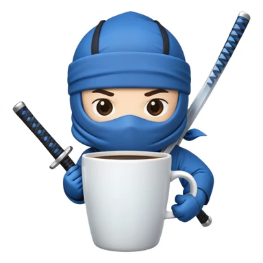 A cartoon to-go coffee cup with a blue ninja headband around the lid and holding a katana sword sticker