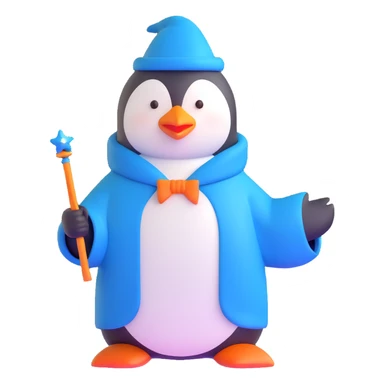 penguin wizard with a blue robe and magic wand sticker