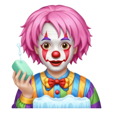 Clown dropping down to pick up soap looking from behind sticker
