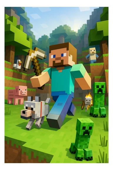 Recreate this Minecraft scene in very high resolution, keeping the same style, composition, and all characters and elements exactly as in the original image. No changes, just higher clarity and detail. Maintain the Minecraft pixelated block style and all original elements faithfully. sticker