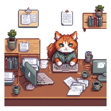 redhead cat at a desk with a MacBook, stacks of papers, looking stressed but cute, pixel art style sticker