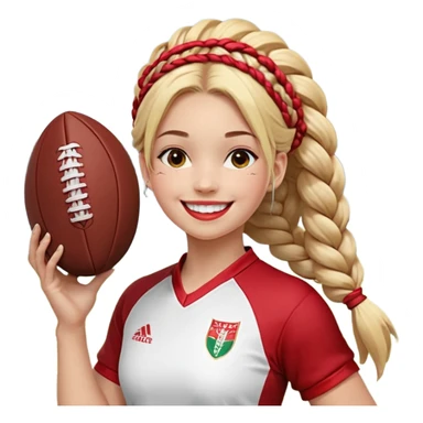 Chica de pelo rubio tirada en el suelo boca abajo agarrando un balón DE RUGBY con las manos vestida con una equipación de color rojo y blanco con líneas y con unas botas de tacos de fútbol, con un bucal en la boca y el pelo con trenzas, se la tienen que ver las 2 piernas y que sonría  sticker