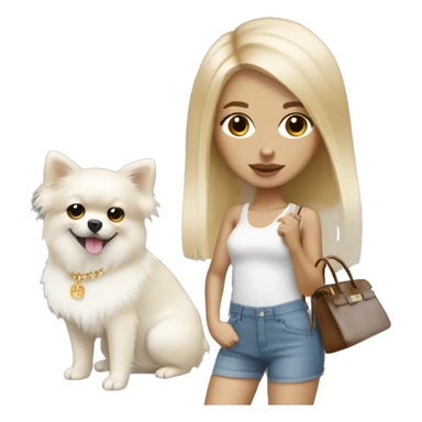 Blonde skinny girl with white pomeranian and Hermes birkin bag sticker