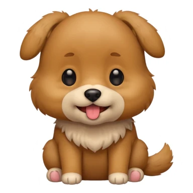 Cute small brown fluffy dog emoji icon. Round face, short muzzle, light brown fur with slightly darker ears, small black nose, happy smiling expression with tongue out. Soft friendly eyes, sitting pose with front paws together. Simple clean vector style, minimal details, kawaii style. sticker