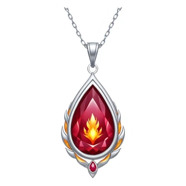 cosmic phoenix talisman: teardrop ruby radiating rebirth energy, ember edges, silver chain floating sticker