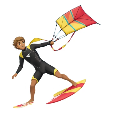 A kite surfer soaring above the waves, holding onto a kite with the wind in full force. The background showcases the ocean and sky, emphasizing the freedom, thrill, and energy of the sport. The motion of the kite and board is dynamic, capturing the excitement of kiting. sticker