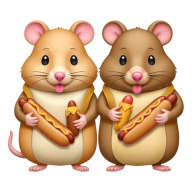 two plump rats, both eating a single hot dog with mayo sticker