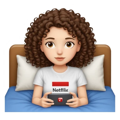 A girl, brunette with curly hair down to her shoulders, watching TV. Have her lie down on the bed, and put on Netflix on the TV. She walks by with her back to the camera, looking at the TV. sticker