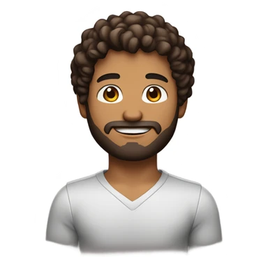 men holding his computer in hands. light brown skin men with curly dark brown hair, brown eyes, little grown beard. ust a tiny bit muscular. dressed casual. round face. sticker