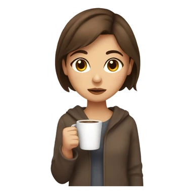 Sleepy brown haired girl with brown eyes holding coffee  sticker