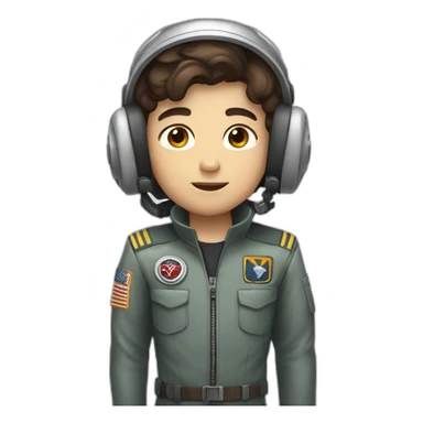 A white young boy with dark brown eyes and dark brown hair and a airplane pilot suit and a radio helmet sticker