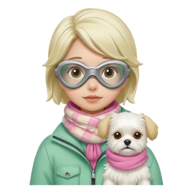 female character in cozy winter outfit, soft pastel green jacket, beige plaid scarf, snorkel mask with pink detailing, holding cute white Maltese dog, sad expression, bright and clear, Apple emoji style sticker