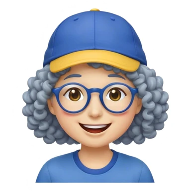 female yellow smiley face emoji, big smile, winking, wearing a blue ballcap backwards, grey curly hair, glasses, no eye color, head only, yellow, simple style, no ornament on hat, yellow, face only sticker