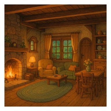 cozy cottage, warm lighting, ghibli style, inviting and charming sticker